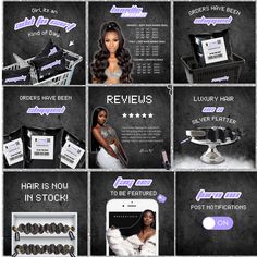 an advertisement for hair products with pictures of the product and description in purple, black and white