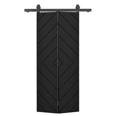 a black door with an arrow design on the top and bottom panel, in front of a white background