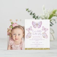 Purple Gold Butterflies Girls Photo 1st Birthday Invitation Birthday Wishes Photo, Butterfly 1st Birthday, 92nd Birthday, Birthday Kiss, Butterfly Invitations, Little Butterfly, Photo Birthday Invitations, Photo Birthday, 1st Birthday Invitation