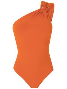 Orange Deneuve asymmetric one-piece from Clube Bossa featuring a halterneck, adjustable straps, an asymmetric style, a lining, a stretch fit and fresh touch. Preppy Swimsuit, Embroidered Lettering, Orange Outfit, Designer Jumpsuits