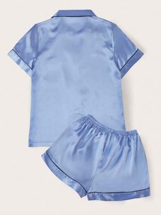 Contrast Binding Satin PJ Set / Pajama Set | SHEIN USA Elegant Blue Sets For Pajama Party, Casual Satin Sleep Sets, Satin Short Sleeve Sleepover Sets, Blue Satin Pajamas, Blue Satin Sleep Set, Night Gown Dress, Satin Pj Set, Gown Dress, Pajama Set Women