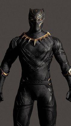 a black panther figure standing in front of a gray background with gold trimmings