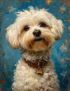 a painting of a small white dog on a blue background