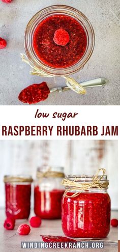 Raspberry rhubarb jam in glass jars. Keto Rhubarb Jam Recipes, Raspberry Rhubarb Jam Canning, Raspberry Rhubarb Jam No Pectin, Rhubarb Jam No Pectin, Raspberry Rhubarb Jam, Rhubarb Freezer Jam, Low Sugar Jam Recipes, Canning Veggies, Rhubarb Jelly