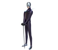 the animated character is dressed in black and has a silver mask on his head, holding a cane