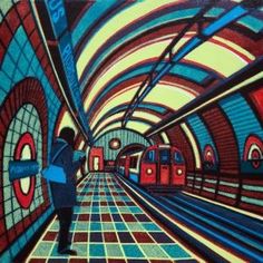 a painting of a person standing in a subway station