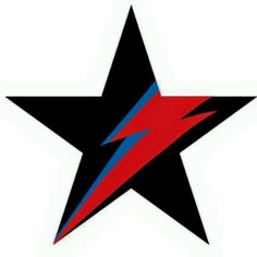 a red, black and blue star with lightning bolt on it's center side