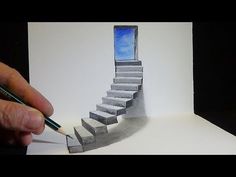 a hand is holding a pencil and drawing a stair design with a cell phone on it