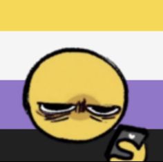 a yellow smiley face holding a cell phone in front of a purple and white striped background