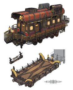 an image of a train car that is made out of wood and metal with lights on