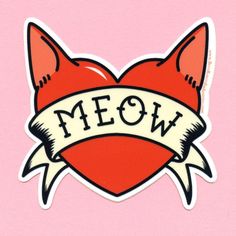 a sticker with the word meow on it and a heart in the middle