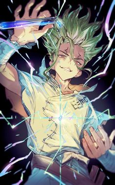 an anime character with green hair and blue eyes holding a cell phone in his hand