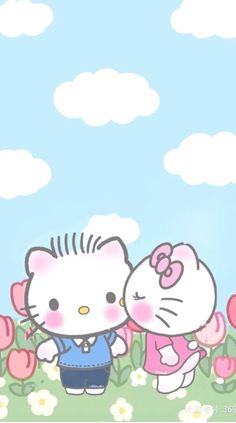 two hello kitty standing next to each other on a field with flowers and clouds in the background