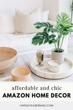 a living room with white furniture and plants on the coffee table, text overlay reads affordable and chic amazon home decor