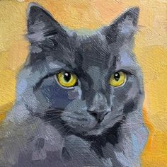 an oil painting of a black cat with yellow eyes on a yellow and orange background