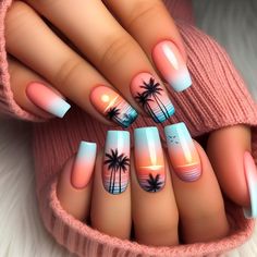 Light Pink Tropical Nails, Summer Nails With Palm Trees, Nail Art Designs Palm Trees, Neon Nails With Palm Trees, Nail Designs Summer Beach, Aloha Nails, Bright Nails With Palm Trees, Hawaiian Nails, Turkey Nails