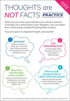 Next time your mind jumps to a conclusion that inevitably sends in you in a spiral toward depression or anxiety, check to see where your head was at the time of that interpretation. #depression #elishagoldstein #happiness Thoughts Are Not Facts, Dbt Skills, Education Positive, School Social Work, Mental Health Counseling, Counseling Activities, Counseling Resources, Group Therapy, Therapy Worksheets