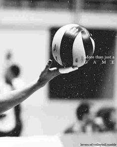 black and white photograph of a person reaching up to hit a volleyball with the words more than just a ball