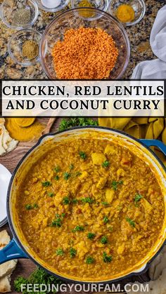 chicken, red lentils and coconut curry in a bowl