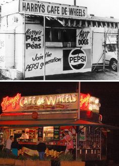 an old and new photo of the outside of a restaurant with neon signs on it