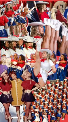 the collage shows many different pictures of women in costumes and hats, including cheerleaders