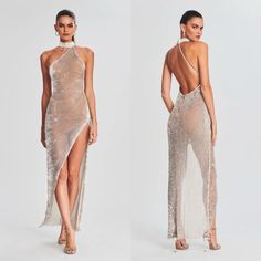 The Gemma Dress Sparks All The Attention, Designed With A Crystal Stone Collar That Flows Elegantly Into An Asymmetrical Silhouette And With An Open Back. Hand Crafted To Embody A Chain-Like Effect, The Shimmering Dress Features Over 500 Meters Of Chain Stone Crystal On Netting, Taking 200 Hours To Perfect. The Dress Is Finished With A Nude Partial Lining Along The Inside. + 100% Polyester; Embroidery 50% Glass, 50% Brass; Lining 100% Polyester + Retails For $4,995 + Size Sold Out Online And Won Silver Sheer Dress, Silver Body Chain Dress, See Thru Diamond Dress, Luxury Sheer Club Dress, Draped Crystal Chain Dress, Crystal Chain, Silver Dress, Sheer Dress, Photo Tips