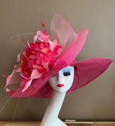 "Fuchsia pink wide brim floppy sinamay hat with shades of pink netting bow and multiple color feather flowers, elegant, light and comfortable to wear. Perfect for weddings, Royal Ascot horse races, cocktails, tea party, derby, or any hat wearing occasion. Key Features: Wide brim Appr: 6\" Head Grith Appr: 22.5\" and adjustable to fit sizes smaller than 22.5\" Crown Deep Appr: 4.5\" Processing Time: 1-3 business days Warm tips:  ❤️Group discount on 3 or more pieces, please contact me for further Ascot Horse Racing, Tea Hat, Feather Flowers, Derby Ideas, Tea Hats, Christmas Attire, Horse Races, Sinamay Hats, Elegant Hats