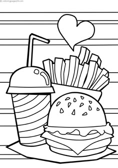 a drawing of a burger and fries with a heart on the table next to it