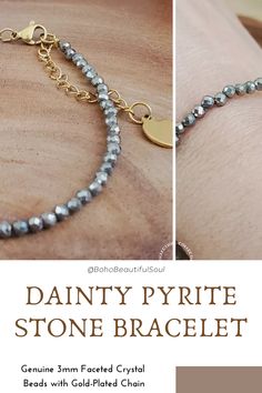 Elevate your style with our Pyrite Stone Bracelet Gold Plated. This delicate bracelet features tiny round-faceted pyrite stones that sparkle in the light, beautifully complemented by the gold-plated stainless steel chain. Gold Bohemian Crystal Bracelet For Everyday, Gold Bohemian Crystal Bracelet With Tiny Beads, Pyrite Jewelry, Pyrite Bracelet, Pyrite Pendant