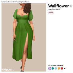 a woman in a green dress is standing next to the wallflower logo and an ad for