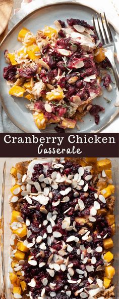 cranberry chicken casserole with almonds and dried cherries on top