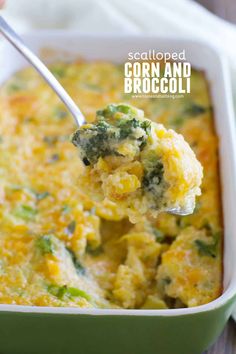 a spoonful of broccoli and cheese casserole in a green dish