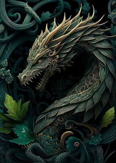 a dragon with green leaves on it's back and its head in the air