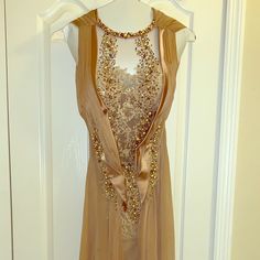 Only Worn Once, This Dress Is A Gold Beaded, Very Detailed Dress. Elegant Floor-length Embellished Dress, Luxury Embellished Evening Dress For Prom, Embellished Silk Evening Dress For Prom, Formal Gold Beaded Dress, Elegant Gold Beaded Dress, Embellished Silk Evening Dress, Gold Embellished Evening Dress, Elegant Silk Dress With Beaded Details, Formal Beaded Silk Dress