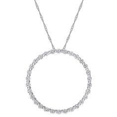 "Add an eye-catching accent to your attire with this Stella Grace white sapphire circle pendant necklace. Add an eye-catching accent to your attire with this Stella Grace white sapphire circle pendant necklace. Pendant size: 1.16""L x 1.16""W Chain length: 17 in. Chain type: rope Metal: 10k white gold Plating: rhodium Finish: polished Packaging: boxedSTONE DETAILS Stone type: white sapphire Total weight: 1 1/2 ct. Shape: round Setting: prong Gemstones may have been treated to enhance their appea Diamond White Halo Round Necklace, Fine Jewelry Halo Design Round Necklace, Diamond White Round Halo Necklace, Round Diamond Birthstone Necklace, Round Diamond Cut Necklace, White Halo Diamond Necklace, Diamond White Circle Necklace For Anniversary, White Round Halo Diamond Necklace, Diamond White Circular Necklaces For Anniversary