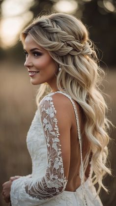 a beautiful blonde woman with long hair wearing a wedding dress in the sunlit field