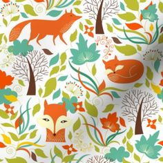 an orange fox and green leaves on a white background seamless wallpaper with flowers