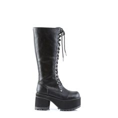 3 3/4" Block Heel Goth Punk Platform Knee Boot with Side Zipper - Fit Guide: True to Size - Heel Height: 3 3/4" Heel - Brand: Demonia - Unisex (Sizes are shown in Men's), Women order up 2 Sizes - Country of Origin: Imported Platform Shoes Boots, Demonia Boots, Alternative Shoes, Festival Shoes, Leather Knee Boots, Punk Boots, Gothic Metal, Vegan Boots, Gogo Boots