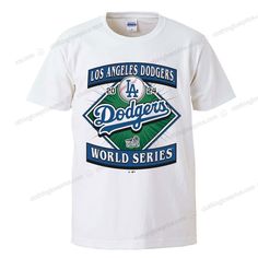 the los angeles dodgers t - shirt is white with blue and green lettering on it