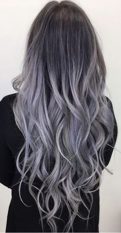 Ashy Grey Balayage On Black Hair, Grey Silver Hair Color, Black Hair With Grey Balayage, Dark Hair With Grey Balayage, Platinum Balayage Dark Roots, Grey Hair With Blue Highlights, Ombre Silver Hair, Ashy Grey Balayage, Ashy Blue Hair