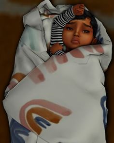 a digital painting of a baby wrapped up in a blanket and wearing a hat with stripes on it