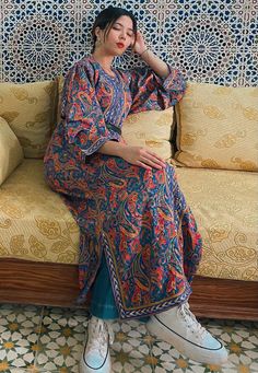 Moroccan Street Style, Bohemian Multicolor Gown For Eid, Bohemian Long Sleeve Gown For Festive Occasions, Bohemian Long Sleeve Gown For Festive Events, Bollywood Style Tunic Dress For Eid, Bollywood Tunic Dress For Eid, Elegant Multicolor Tunic Kurta, Bohemian Gown With Dabka For Festive Season, Bohemian Floor-length Gown For Eid