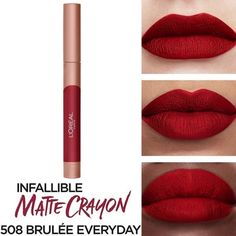 Write Your Own Rules And Make Them Last. Introducing Infallible Matte Lip Crayon, Our First Matte Lip Crayon With Lasting Wear And Saturated Color. Enhanced With A Decadent Caramel Aroma, Infallible Matte Lip Crayon Is Smudge-Resistant, With No Feathering And Comfortable Wear. The Ergonomic Mechanical Tip Provides Easy Application And One-Swipe Coverage For Color On The Go. Available In 18 Matte Shades For All Skin Tones From Bold To Everyday Wear. L'oreal Paris Infallible Matte Lip Crayon, Last Mocha Lipstick, Tom Ford Lipstick, Urban Decay Vice Lipstick, Lip Liner Set, Lip Jelly, Loreal Paris Infallible, Maybelline Color Sensational, Lip Crayon, Velvet Lipstick