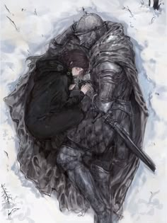 two people are hugging in the snow with one person holding his arm around the other