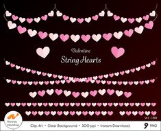 valentine's day string hearts clipart with pink and white hearts on black background