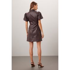 Brown faux leather (100% Polyurethane. Shirt dress. Short sleeves. Collar. Front button closure. 35" from shoulder to hemline. Imported. Fall Leather Mini Dress For Work, Leather Mini Dress For Work In Fall, Brown Collared Mini Dress For Work, Brown Leather Mini Dress For Night Out, Fall Season Formal Faux Leather Mini Dress, Fall Formal Faux Leather Mini Dress, Formal Faux Leather Mini Dress For Fall, Brown Mini Dress With Button Closure For Work, Brown Mini Dress For Office