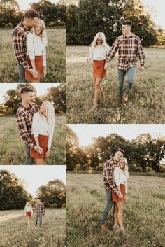 a man and woman are standing in the grass