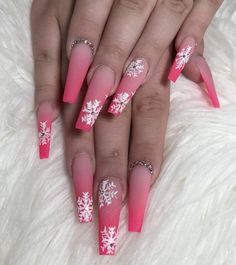 Pink Christmas Nails, Snowflake Nails, Acrylic Nails Coffin, Nails Coffin, Pink Ombre, Nails Acrylic, Love Nails, Nails On Fleek