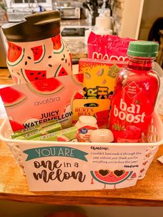 a watermelon themed gift basket for someone's special birthday or baby shower