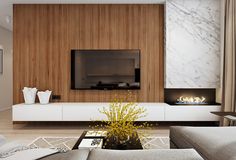 a modern living room with wood paneling and white furniture